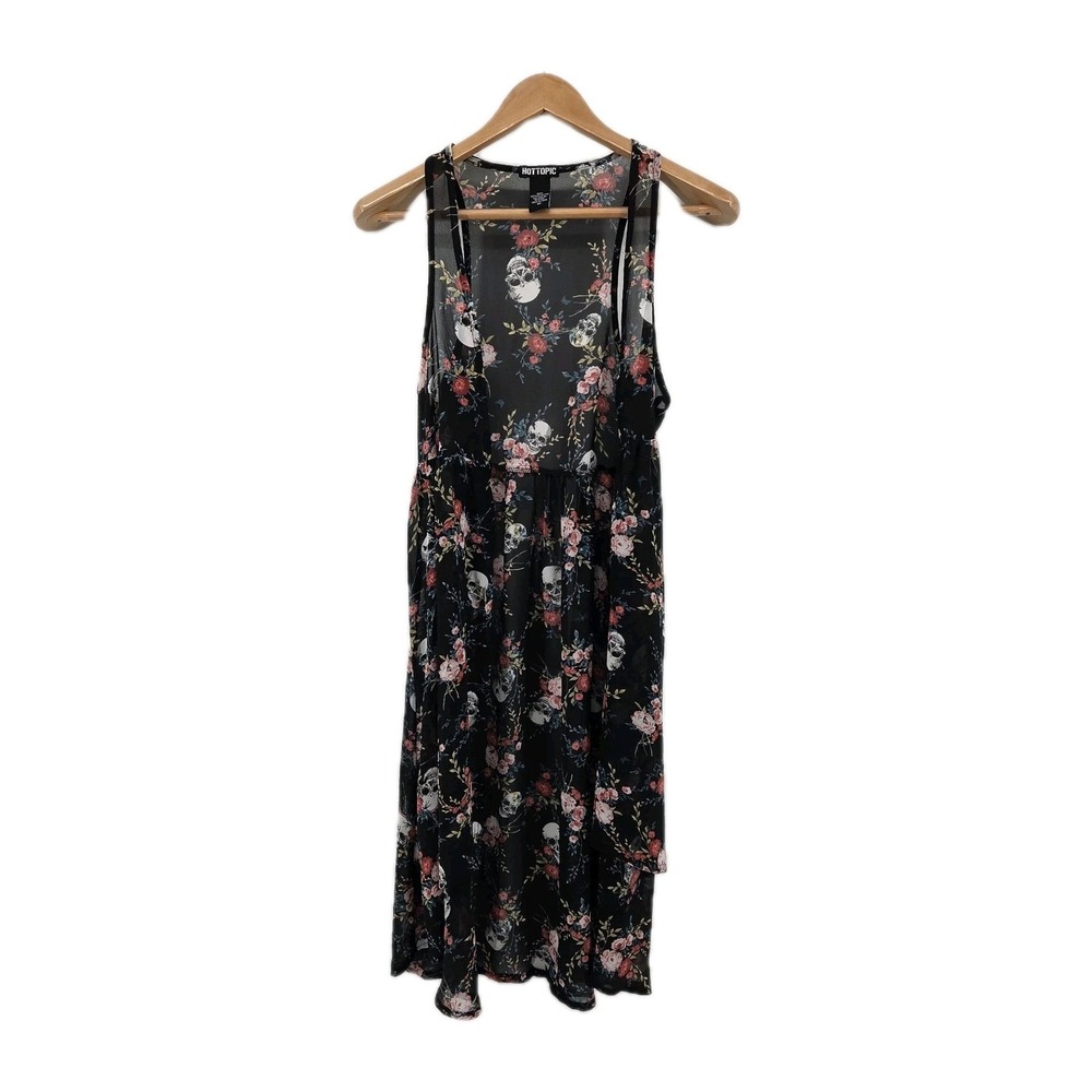 Hot Topic Open Front Kimono Cardigan Sleeveless Floral Skull Print Womens Size S